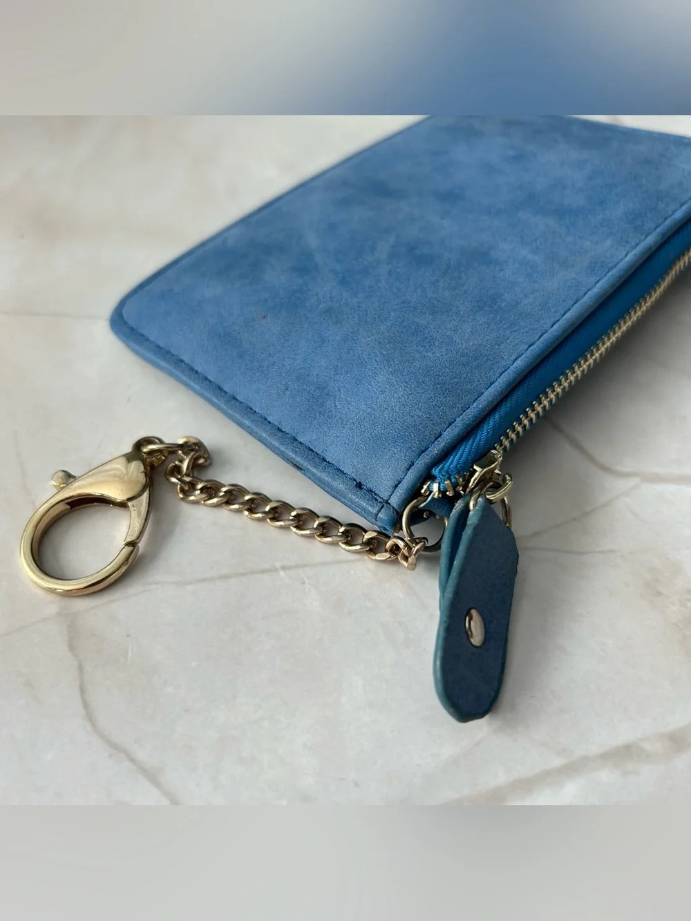 Blue Suede Bow Accent Wristlet Key Pouch
